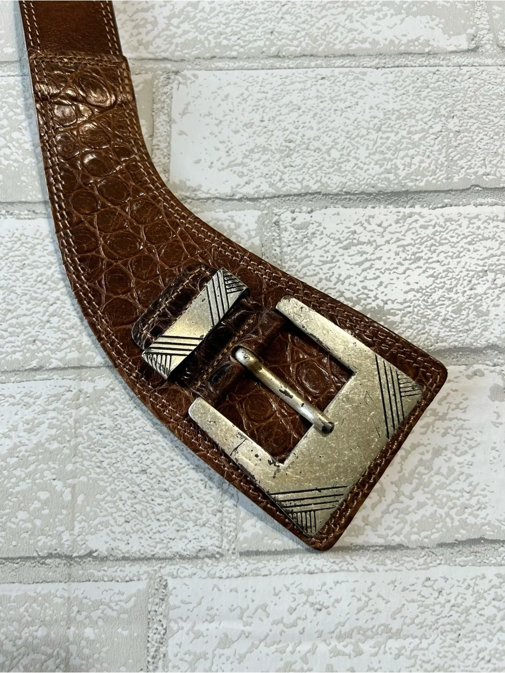 Women's Brown Textured Leather Belt with Silver Buckle